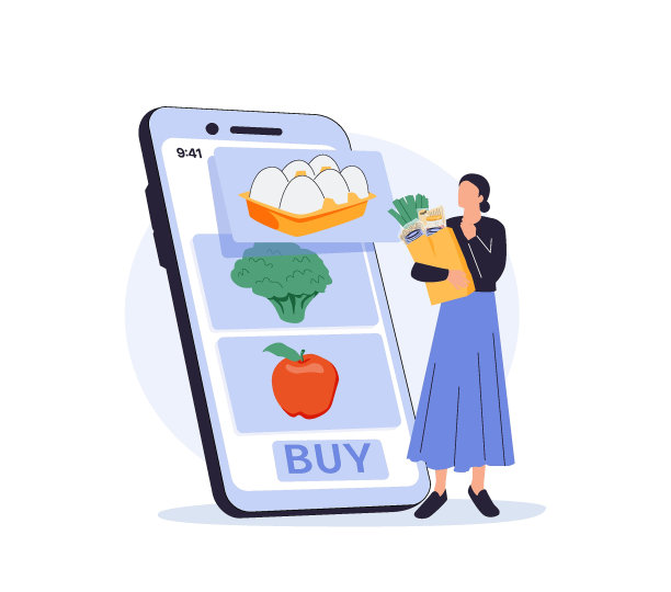 杂货店蔬菜插图集。人物在网上购买新鲜有机蔬菜，放入购物篮图片下载