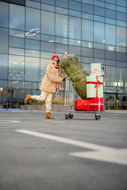女人在商场买圣诞树和礼物图片下载