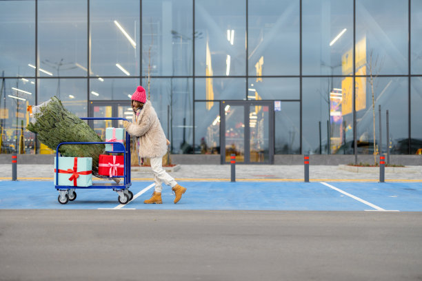 女人在商场买圣诞树和礼物图片下载