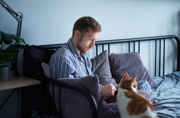 男人在家里用平板电脑，穿着睡衣坐在床上，旁边有一只虎斑猫图片下载
