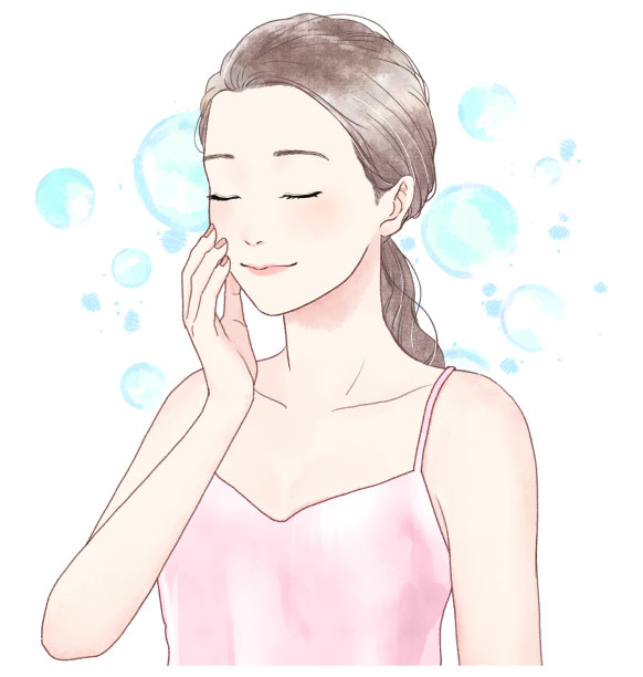 一个女人触摸她的脸颊和微笑的插图。图片下载