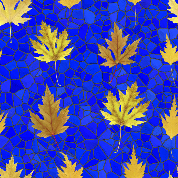 真正的多色秋叶在蓝色抽象背景无缝模式图片下载