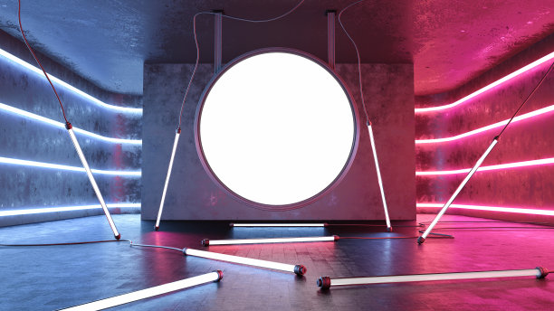 霓虹灯和空圆形广告牌的未来主义房间图片下载