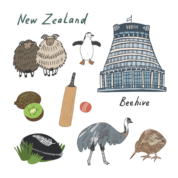 新西兰旅游地标矢量插图集。图片下载