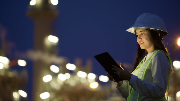 在发电厂工作的工业工程师使用数字平板电脑。图片下载