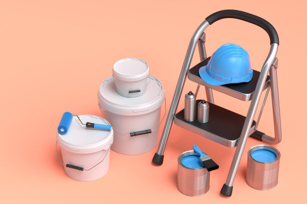 套金属罐或桶与油漆辊，刷子和折叠梯子在橙色图片下载
