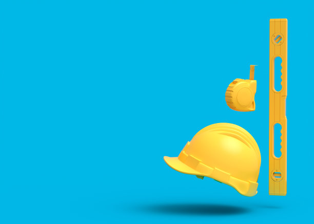蓝色背景上用于维修的黄色施工工具的飞行视图图片下载