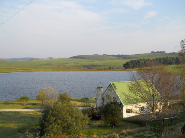 南非纳塔尔湖岸边的乡村别墅，阳光明媚，周围是草地图片下载