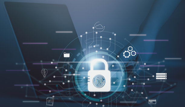 网络安全与指纹扫描解锁技术概念。访问数据网络，数字隐私云通过生物特征识别保护企业免受蓝色背景的在线网络攻击。图片下载