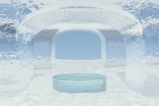摘要三维渲染冬季场景和自然的讲台背景，圆顶冰讲台上的雪地背景晴朗的天空为产品展示广告化妆品产品护肤品等图片下载