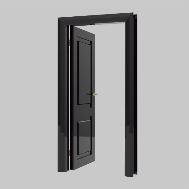 黑色木门内饰插画设置不同的开闭隔离白色背景图片下载