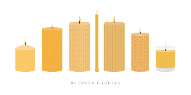 一套香薰蜡烛。蜂蜡蜡烛在罐子里，柱子上。家居装饰用天然蜡烛。香薰蜡烛收藏。零浪费的环保礼物。手绘矢量插图孤立在白色上图片下载