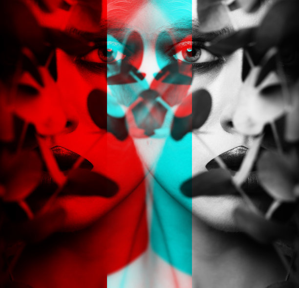 美丽的女人与花哨的化妆通过植物枝在RGB颜色分裂效果风格图片下载