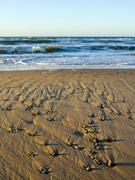 沙滩上的小卵石，风、水和阴影创造出有趣的沙子纹理图片下载