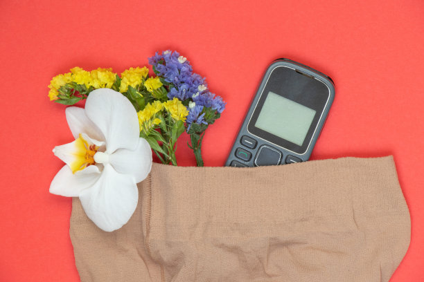 按键式电话和盛开的花朵嵌套在尼龙紧身衣里，在一个孤立的背景上图片下载