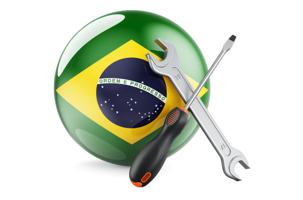 巴西的服务和维修概念。带有巴西国旗的螺丝刀和扳手，3D渲染图片下载