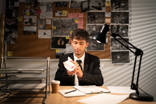 愤怒沮丧的侦探工作在他的办公桌在他的办公室和皱纸的工作场所，情绪和失败图片下载