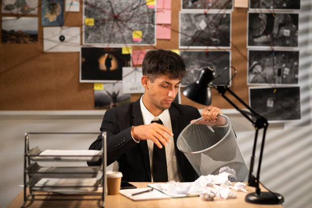 侦探在办公室工作，在办公桌前揉皱纸张，把它扔进垃圾桶，废纸扔进垃圾筐图片下载