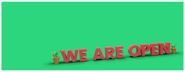 我们是开放的。我们公开宣布Facebook和twitter的横幅装饰与植物的深绿色背景。我们是开放的红色3D文本。3D开幕网站封面横幅。公告。图片下载