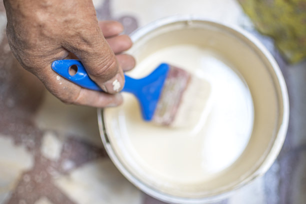 在一个蓝色的长柄上，有一个米色的滚筒在熨斗上涂漆图片下载