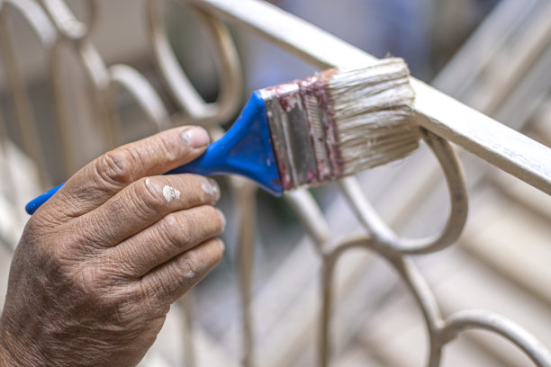 在一个蓝色的长柄上，有一个米色的滚筒在熨斗上涂漆图片下载