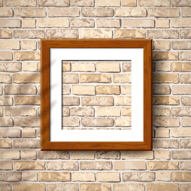 现实的空木制相框与棕榈叶阴影模拟起来。矢量棕色木相框模型模板，植物阴影上的垃圾砖墙背景。绘画，家居室内背景图片下载