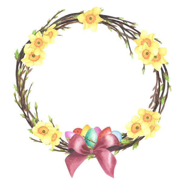 春柳圈水彩配水仙、彩蛋、红弓孤立。手绘复活节插画图片下载