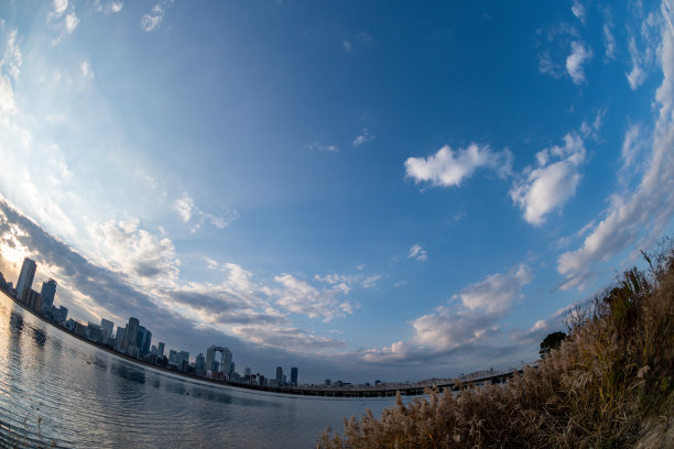 江边的景色，蓝天，一些植物和梅田市的背景图片下载