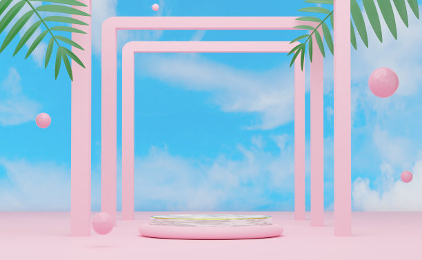 领奖台空的粉红色粉彩组成的几何形状的现代舞台展示和极简主义的模型，抽象的展示背景，概念3d插图或3d渲染图片下载
