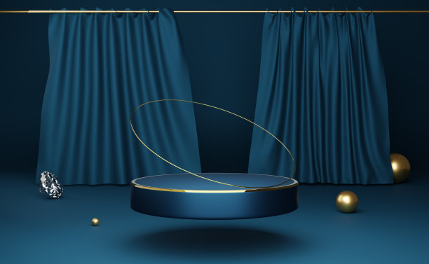 领奖台空几何形状在蓝色组成的现代舞台展示和极简主义的模型，抽象的展示背景，概念3d插图或3d渲染图片下载