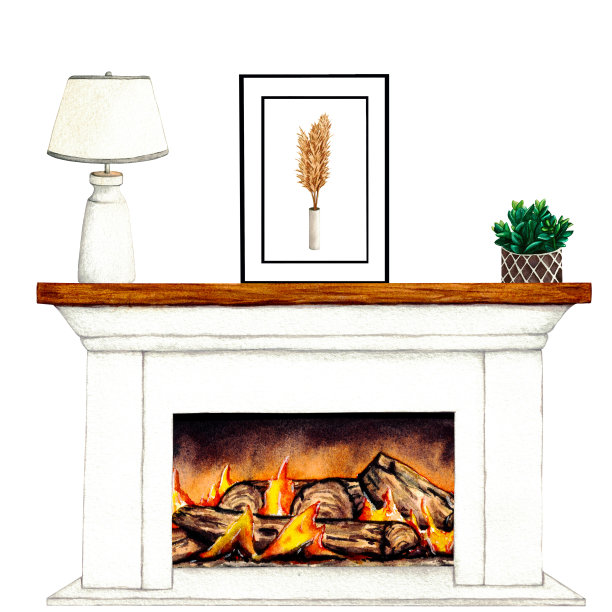 客厅水彩画室内插画与室内绘画，植物，蜡烛和装饰。剪纸艺术。白色背景上的家居装饰元素。壁炉图片下载