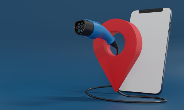 电动充电点应用，智能手机空白显示与充电插头和GPS引脚位置。在地图上搜索充电站。3D渲染插图。图片下载