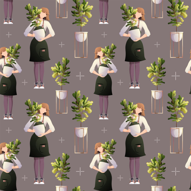 天衣无缝的模式与妇女持有盆栽。图片下载