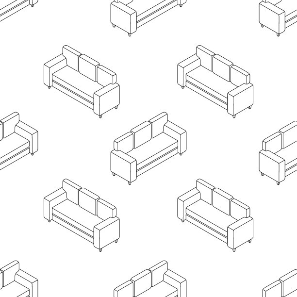 等距无缝模式的沙发线条。新沙发在不同角度的等距投影。图片下载