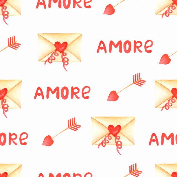 采购产品水彩情人图案，无缝心纸，剪贴纸，情人节心，爱的图案。手绘春季背景与箭头，手工字母和信封。图片下载