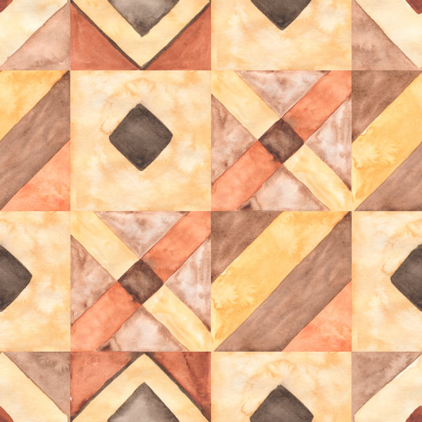 水彩无缝瓷砖图案，复古波西米亚瓷砖插图，马拉喀什马赛克，伦理，装饰图案，手绘米色，橙色和棕色新潮剪纸。图片下载
