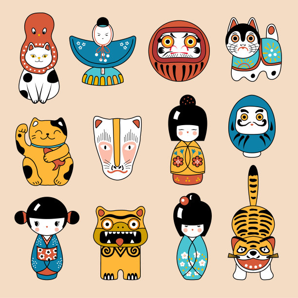 日本的玩具。亚洲文化正宗的儿童纪念品和玩具daruma maneki猫kokeshi玩偶折纸和面具矢量卡通模板日本传统玩具，亚洲文化图片下载