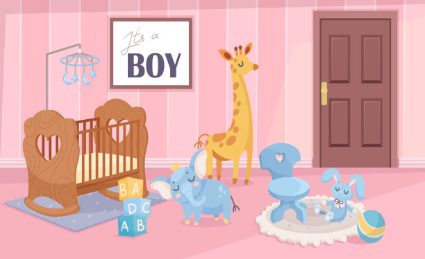 婴儿室室内新生男孩矢量插图图片下载