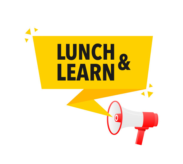 午餐和学习公告扩音器标签。扩音器里的讲话气泡。图片下载