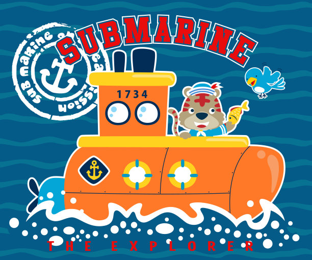 漫画猫在潜艇喂鸟与鱼。矢量卡通插图图片下载