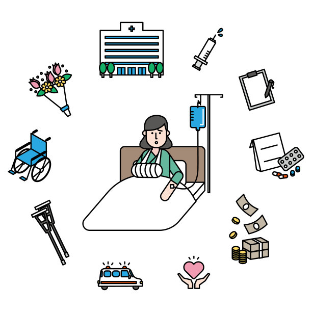 一组图标，上面是一个手臂骨折、在医院打点滴的年轻女人图片下载