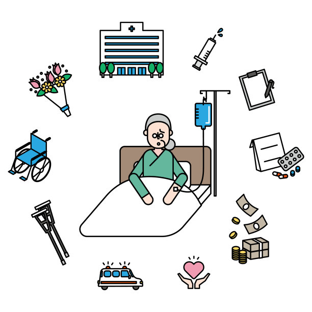 一组图标，上面是一位在医院打点滴的老年妇女图片下载