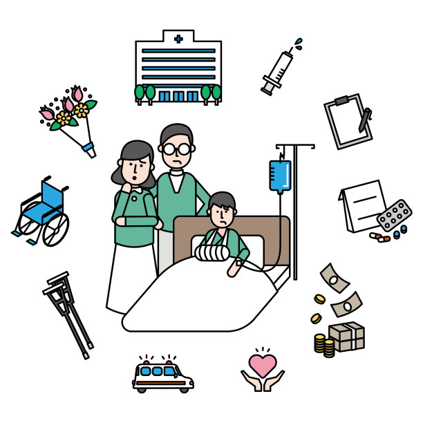 一个男孩和一个手臂骨折，在医院打点滴的家庭，一组偶像图片下载