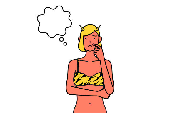 传统的日本活动，二月的节气，一个穿着虎纹裤子的红色食人魔女人一边思考一边抓脸。图片下载