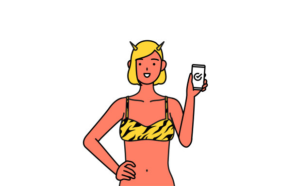 日本的传统活动，2月的Setsubun，一个穿着虎纹裤子的红色食人魔女人在工作中使用智能手机。图片下载