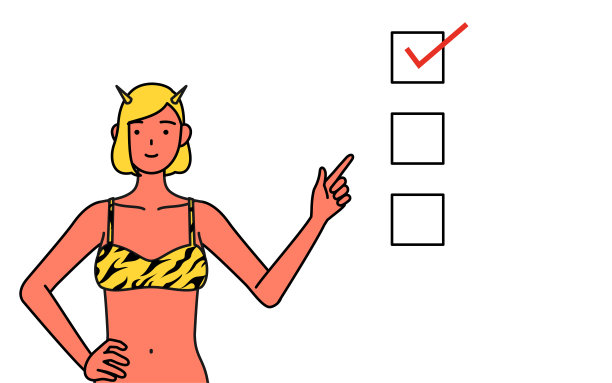 传统的日本活动，二月的节气，一个穿着虎纹裤子的红色食人魔女人指着一张清单。图片下载