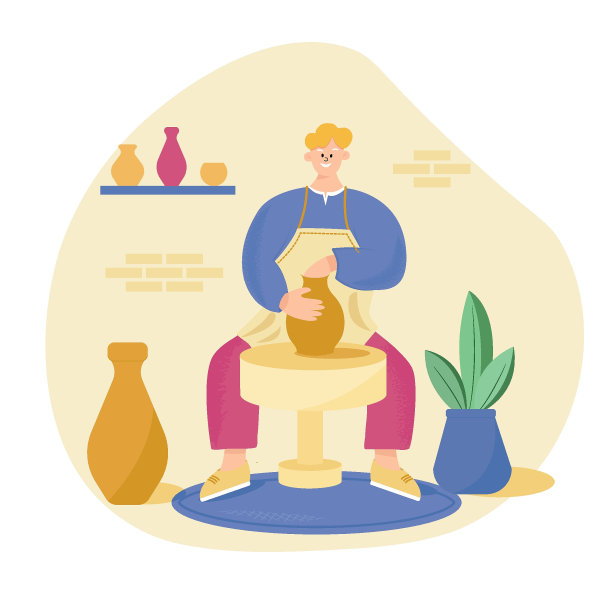 陶工师傅做了一个泥花瓶。矢量插图的陶器工匠的工作。陶艺工坊海报。一个快乐的陶工正在车间的陶轮上制作陶罐。图片下载