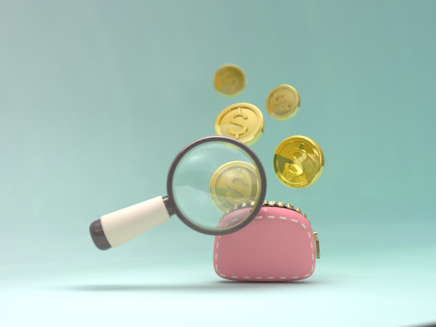 3D放大镜，金币和钱包。关于业务扩张或储蓄、商业和金钱计划以及投资的想法。图片下载