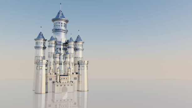 一个美丽的白色城堡的三维渲染与反射墙图片下载