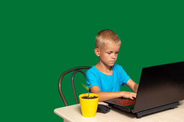 男孩正坐在桌子旁，用笔记本电脑键盘打字。绿色背景与文本空间。有选择性的重点。关于儿童、教育的文章图片。图片下载